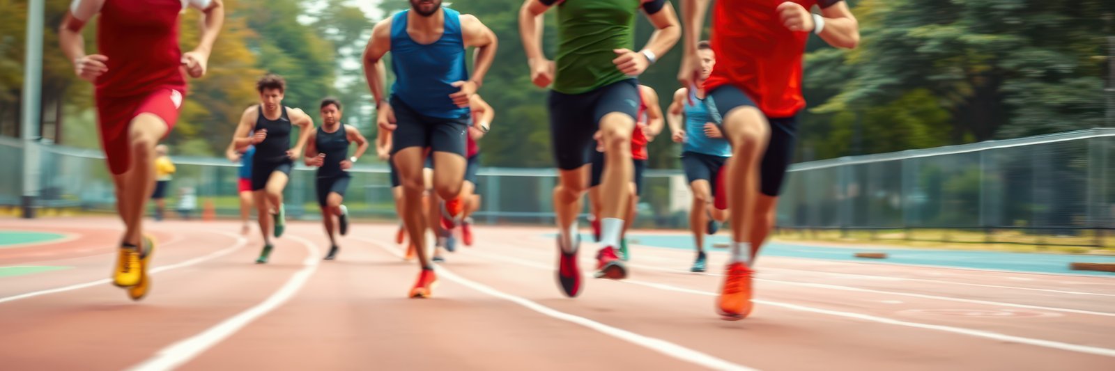Runners compete in a sprint event during a track meet at a city park on a sunny afternoon
